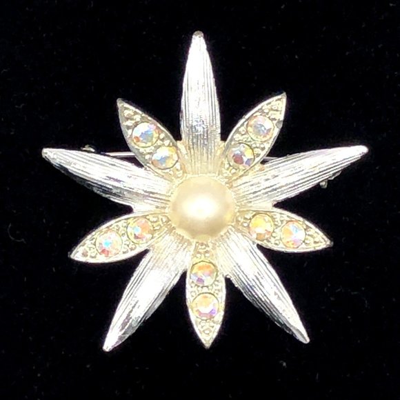 Emmons Signed Vintage Brooch Flower AB Crystal Aurora Borealis Rhinestones - Picture 4 of 13